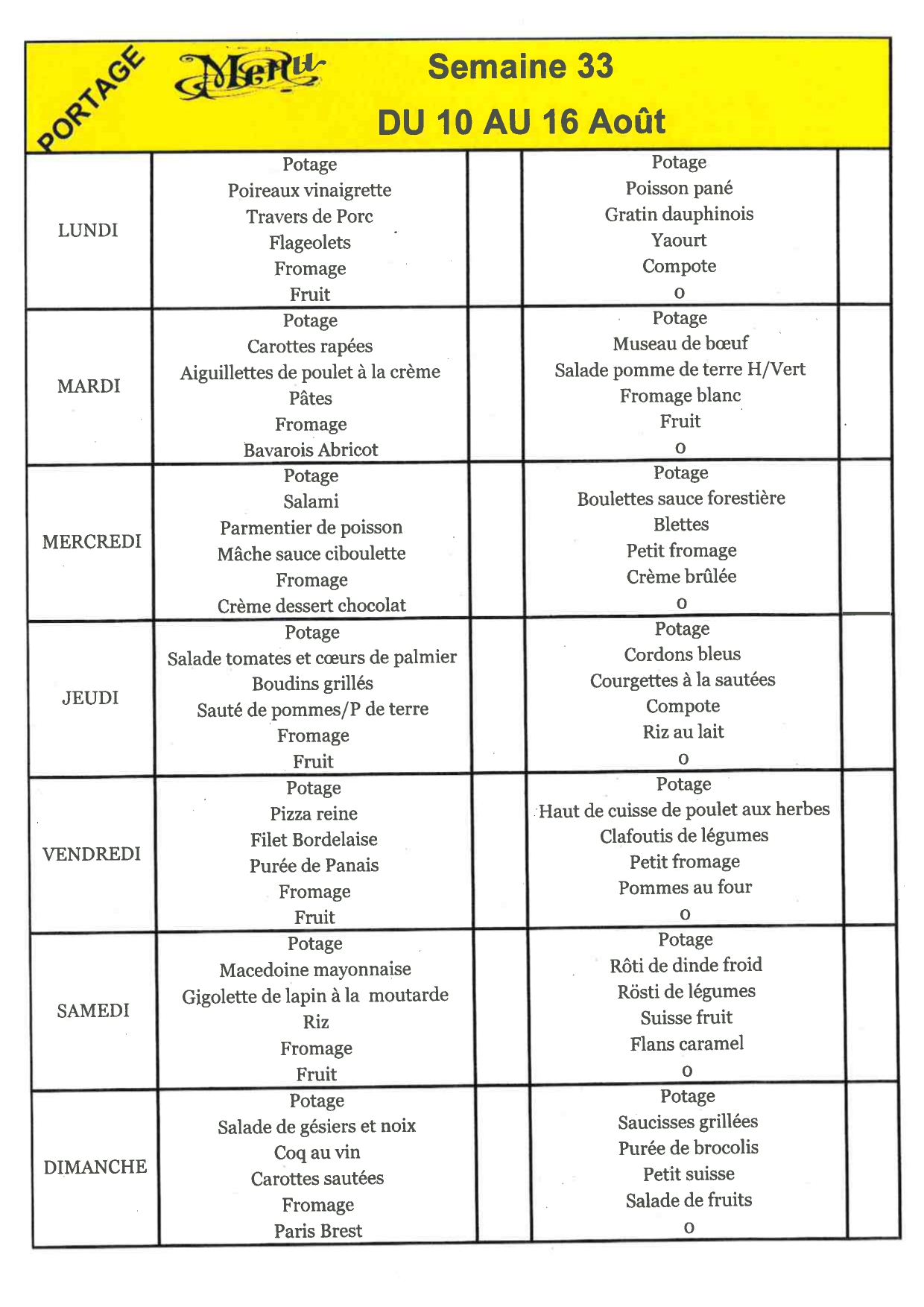 Menu du 10 au 16 août 2026